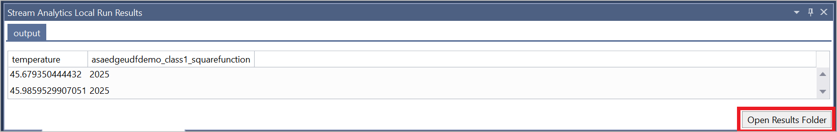 Visualización de los resultados del trabajo local de Azure Stream Analytics con Visual Studio