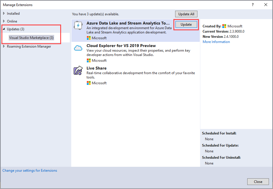 Captura de pantalla de la ventana de Gestionar extensiones en Visual Studio mostrando la actualización de Azure Data Lake y Stream Analytics Tools.