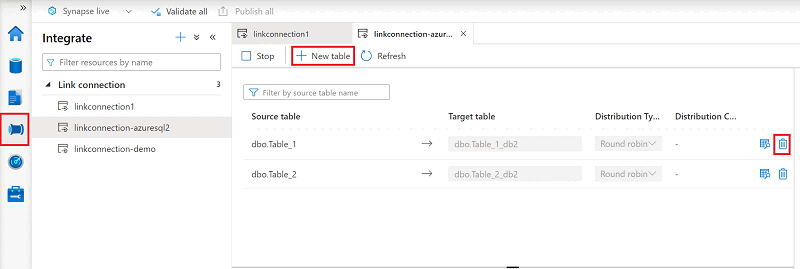 Recorte de pantalla del panel de conexión de vínculo para agregar o quitar tablas.