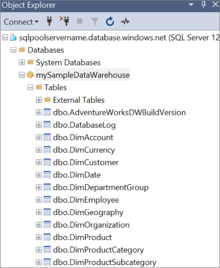 Captura de pantalla de SQL&nbsp;Server Management Studio (SSMS) en la que se muestran objetos de base de datos en el Explorador de objetos.