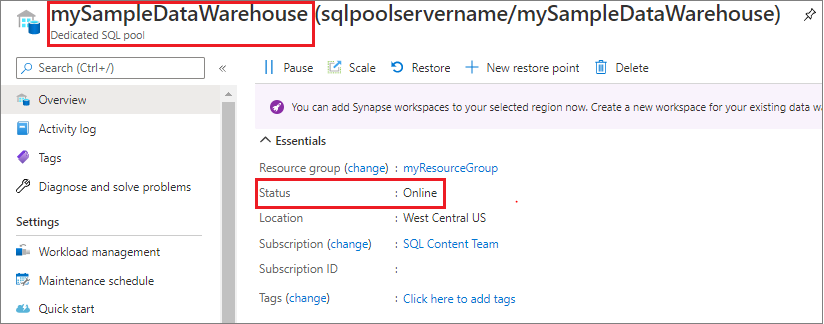 Captura de pantalla del portal de Azure que indica que el cómputo del grupo de SQL dedicado está en línea.