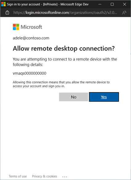 Captura de pantalla que muestra la indicación Permitir Conexión a Escritorio remoto al conectarse desde Windows App en Windows.