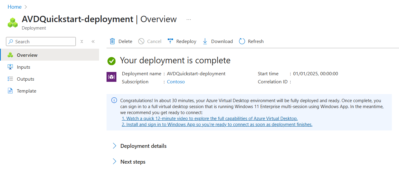 Captura de pantalla en la que se muestra la implementación del inicio rápido de Azure Virtual Desktop completada.