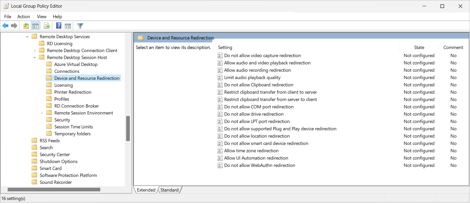Recorte de pantalla que muestra las opciones de redireccionamiento de dispositivos y recursos en el editor de directivas de grupo.
