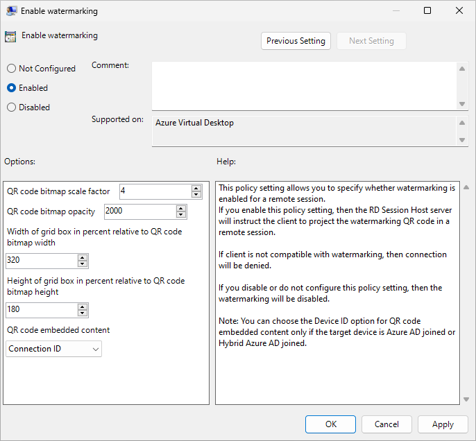 Captura de pantalla de la configuración disponible para la marca de agua en la directiva de grupo.