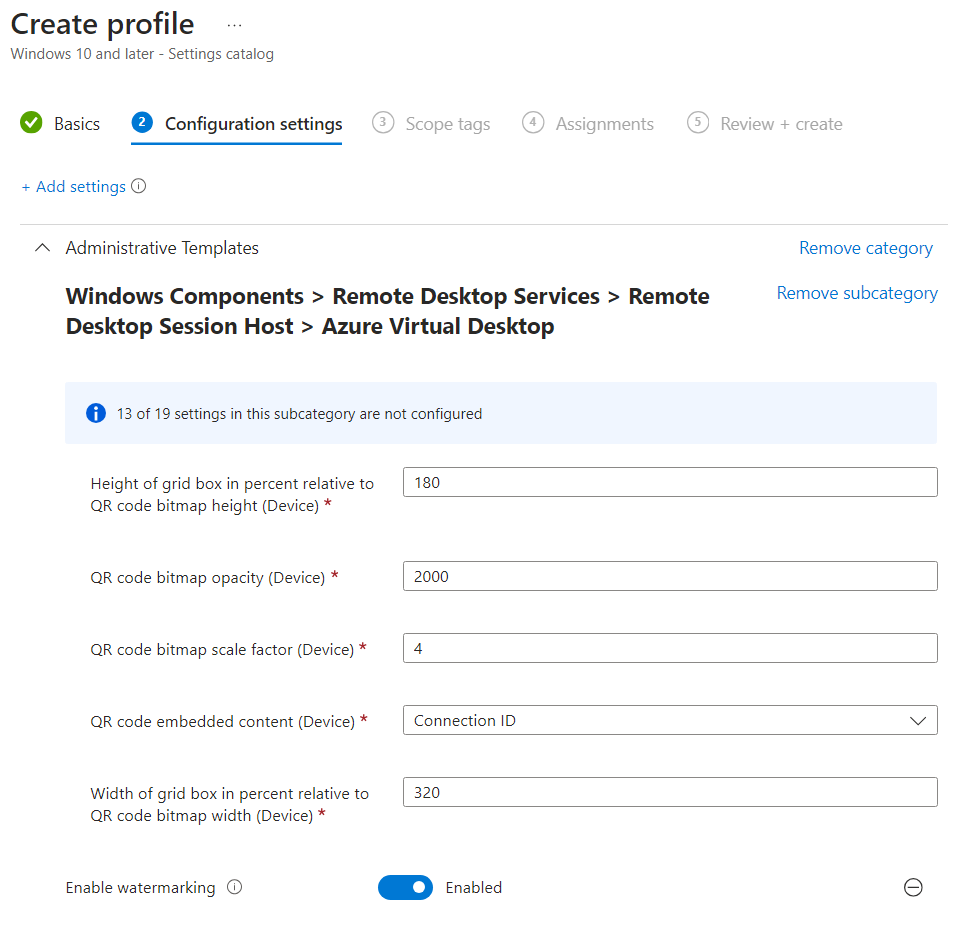 Captura de pantalla de la configuración disponible para la marca de agua en Intune.