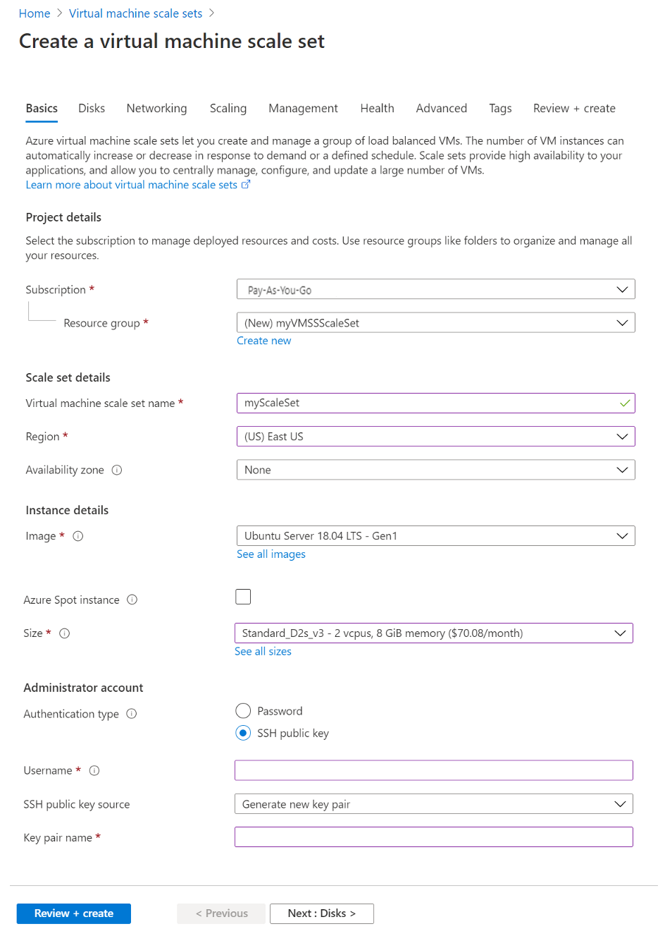 La imagen muestra cómo crear opciones para conjuntos de escalado en Azure Portal.