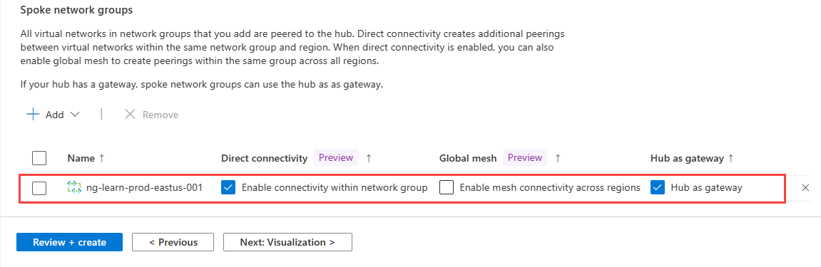 Recorte de pantalla de las opciones para la configuración del grupo de red