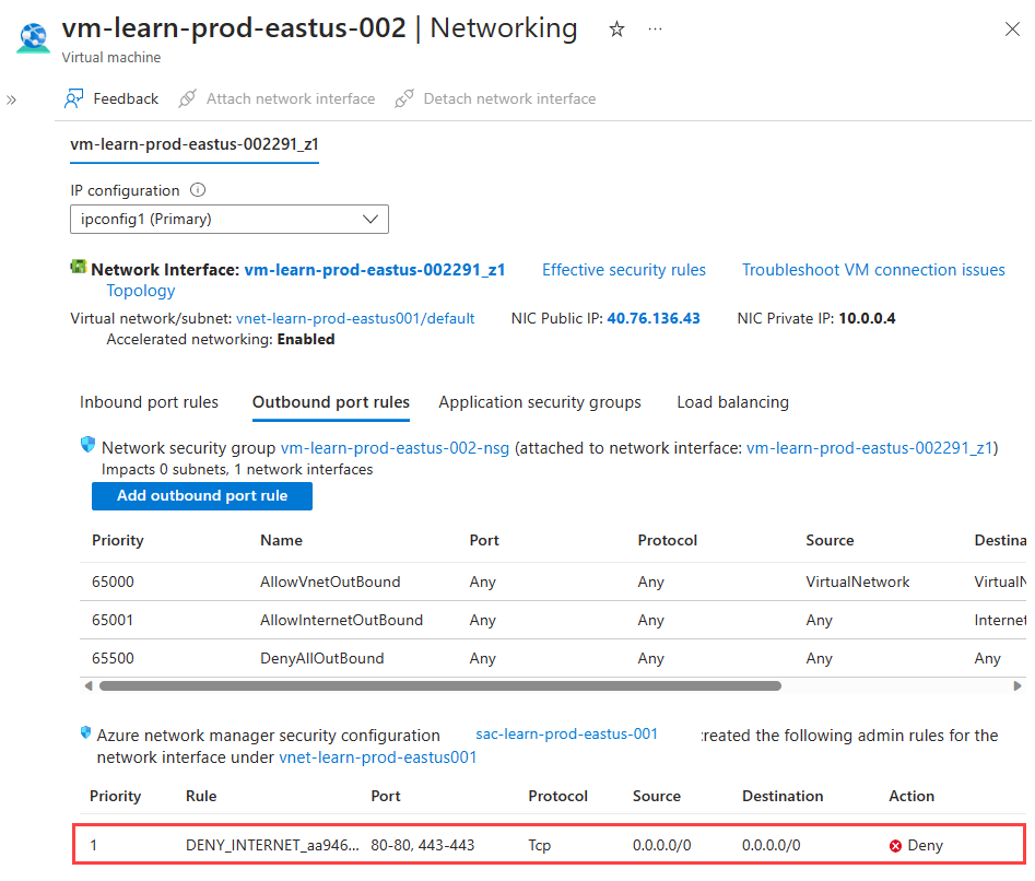 Recorte de pantalla de las reglas de seguridad de red de la VM de prueba