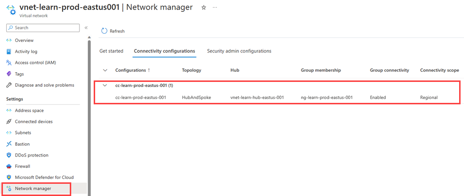 Recorte de pantalla de la configuración de conectividad aplicada a una red virtual