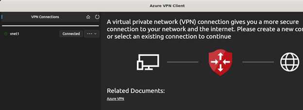 Captura de pantalla del cliente VPN de Azure para Linux con el cliente conectado.