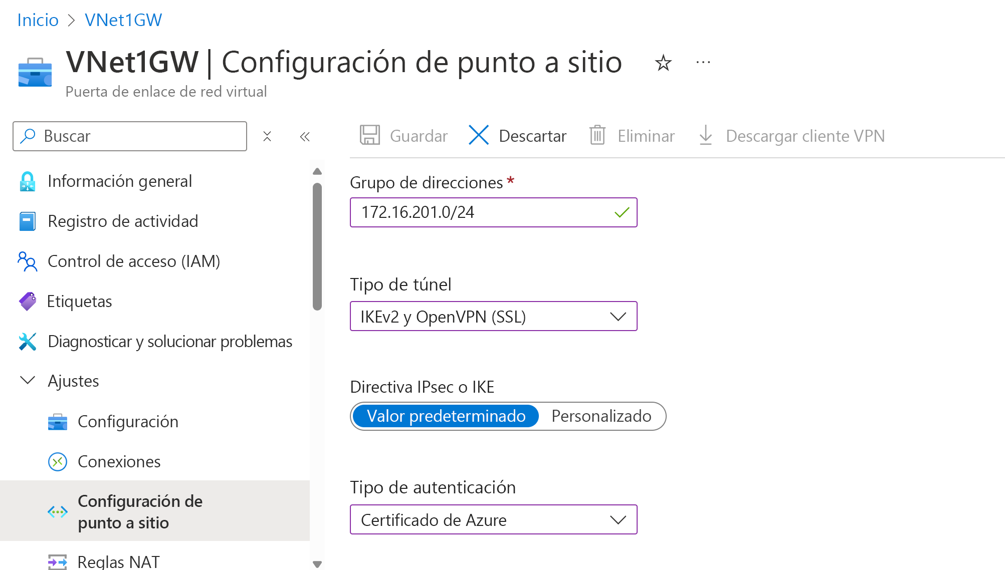 Captura de pantalla de la página de Configuración de punto a sitio, tipo de autenticación.