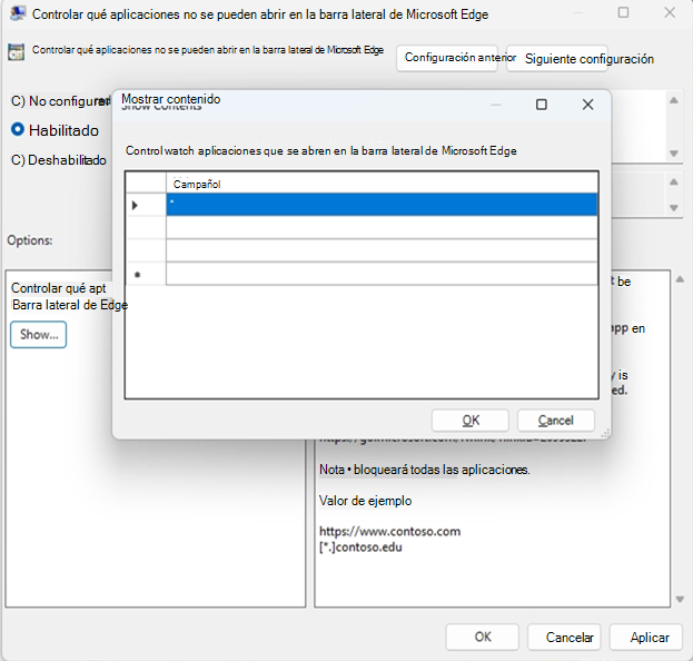 Use la directiva de grupo para controlar qué extensiones de aplicaciones no se pueden instalar en la barra lateral.