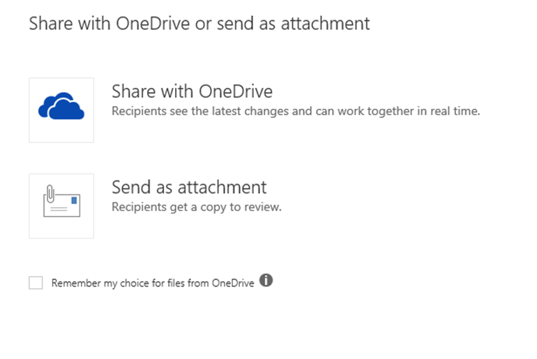 Cuadro de diálogo de opciones de datos adjuntos, Compartir con OneDrive o Enviar como datos adjuntos.