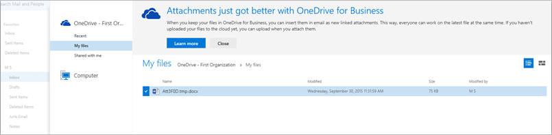 Cuadro de diálogo Archivo adjunto en Outlook en la Web en Exchange 2016 con datos adjuntos modernos habilitados.