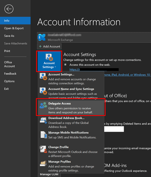 Delegar la configuración de Access en Outlook.