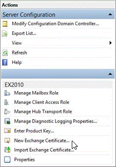 Seleccione Nuevo certificado de Exchange en el panel Acción.