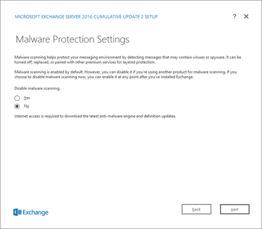 Instalación de Exchange: página de configuración de protección contra software malintencionado.