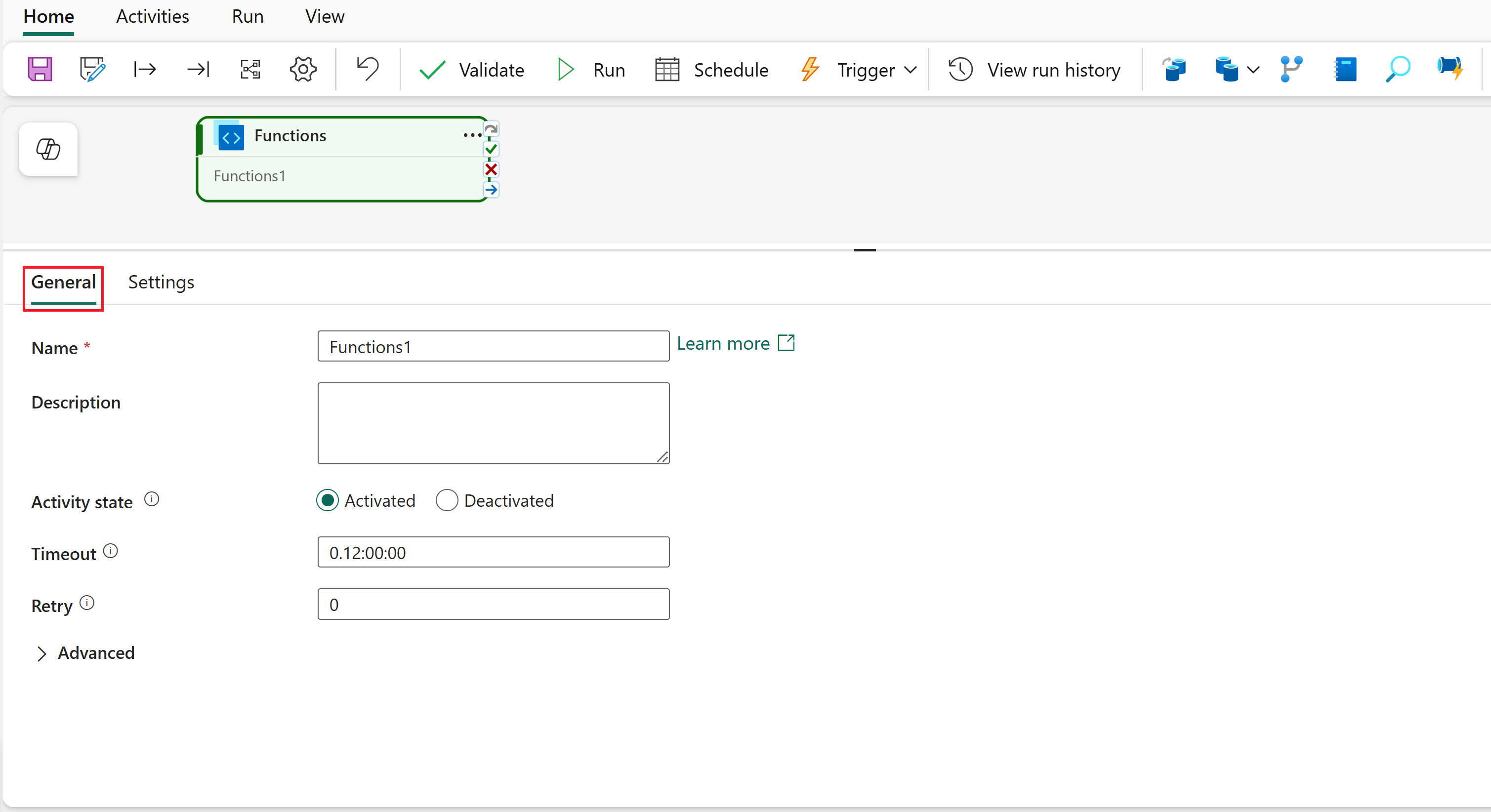 Captura de pantalla que muestra la pestaña Configuración general de la actividad de Functions.