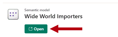 Captura de pantalla del modelo semántico predeterminado, resaltando el botón Abrir.