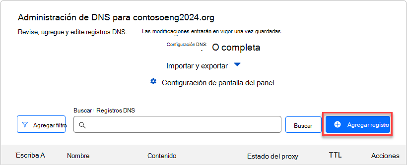 Captura de pantalla en la que seleccione Agregar registro para agregar un registro TXT de verificación de dominio.
