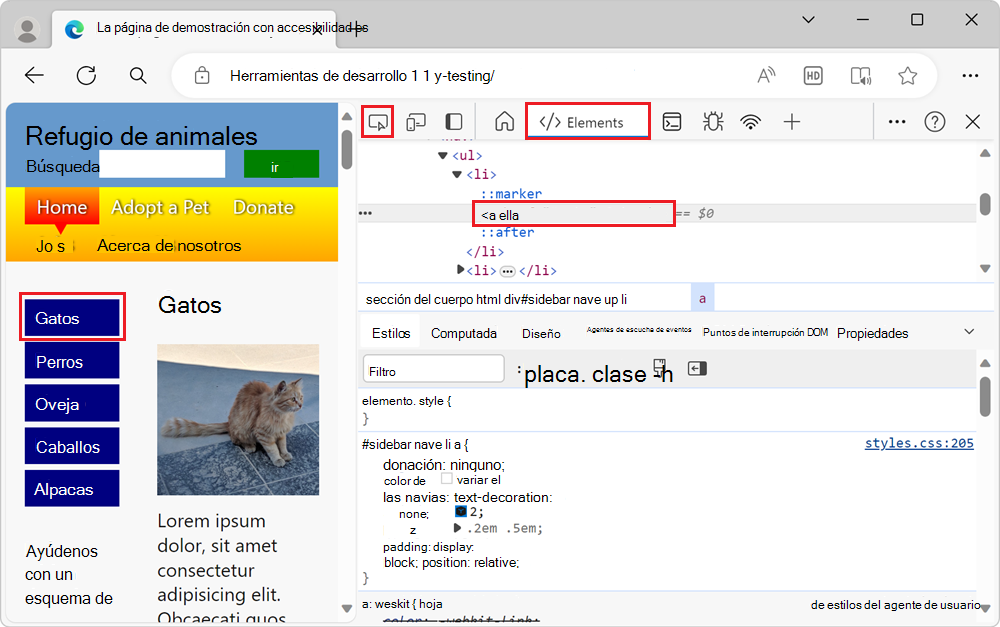 Inspeccionar el elemento que tiene un estado de puntero en la herramienta Elementos