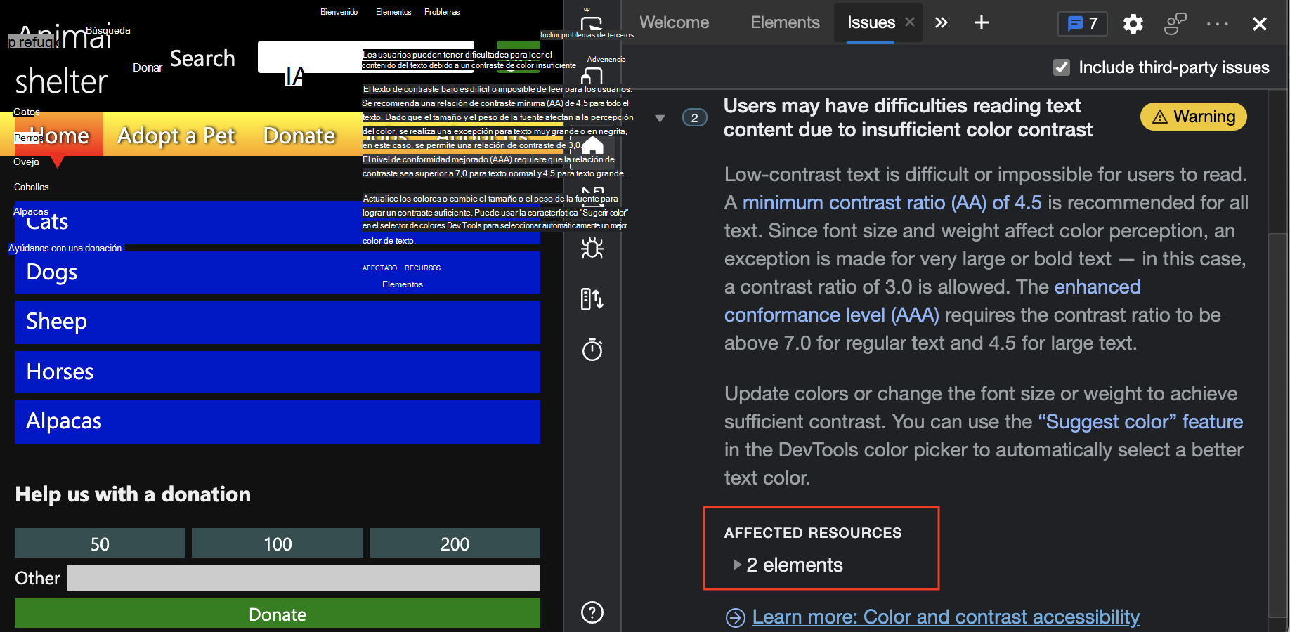 Problemas de contraste notificados en la herramienta Problemas
