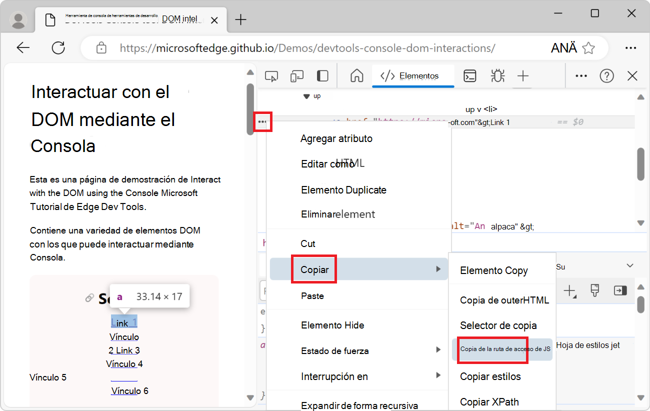 Elemento de menú Copiar ruta de acceso js en la herramienta Elementos