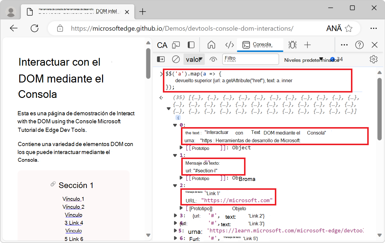 Lista de vínculos de la página, con el texto de cada vínculo y el atributo href