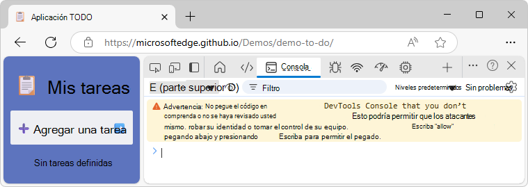 Consola que muestra la advertencia auto-XSS