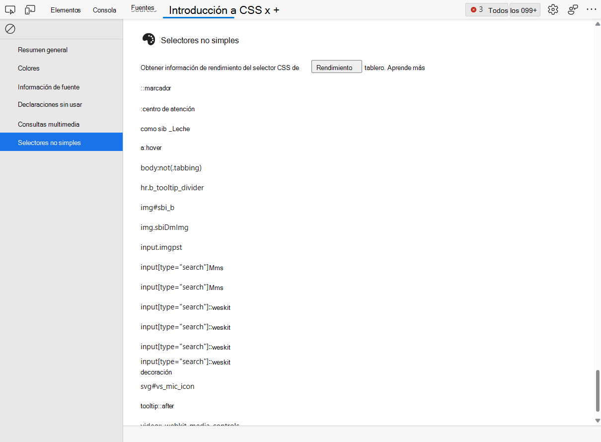 Lista de selectores no simples en la herramienta de información general de CSS