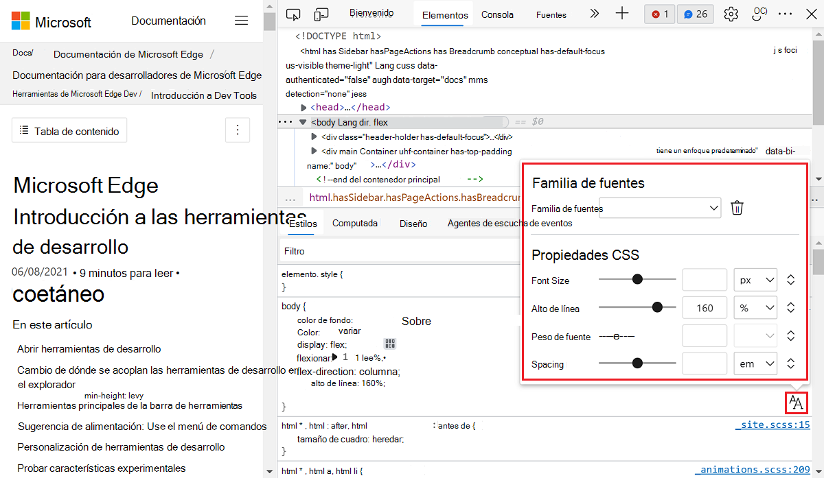 El Editor de fuentes se abre en la parte superior del panel Estilos