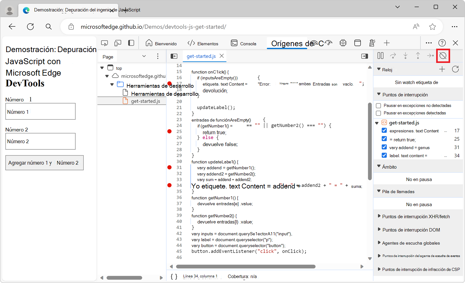 Botón Desactivar puntos de interrupción