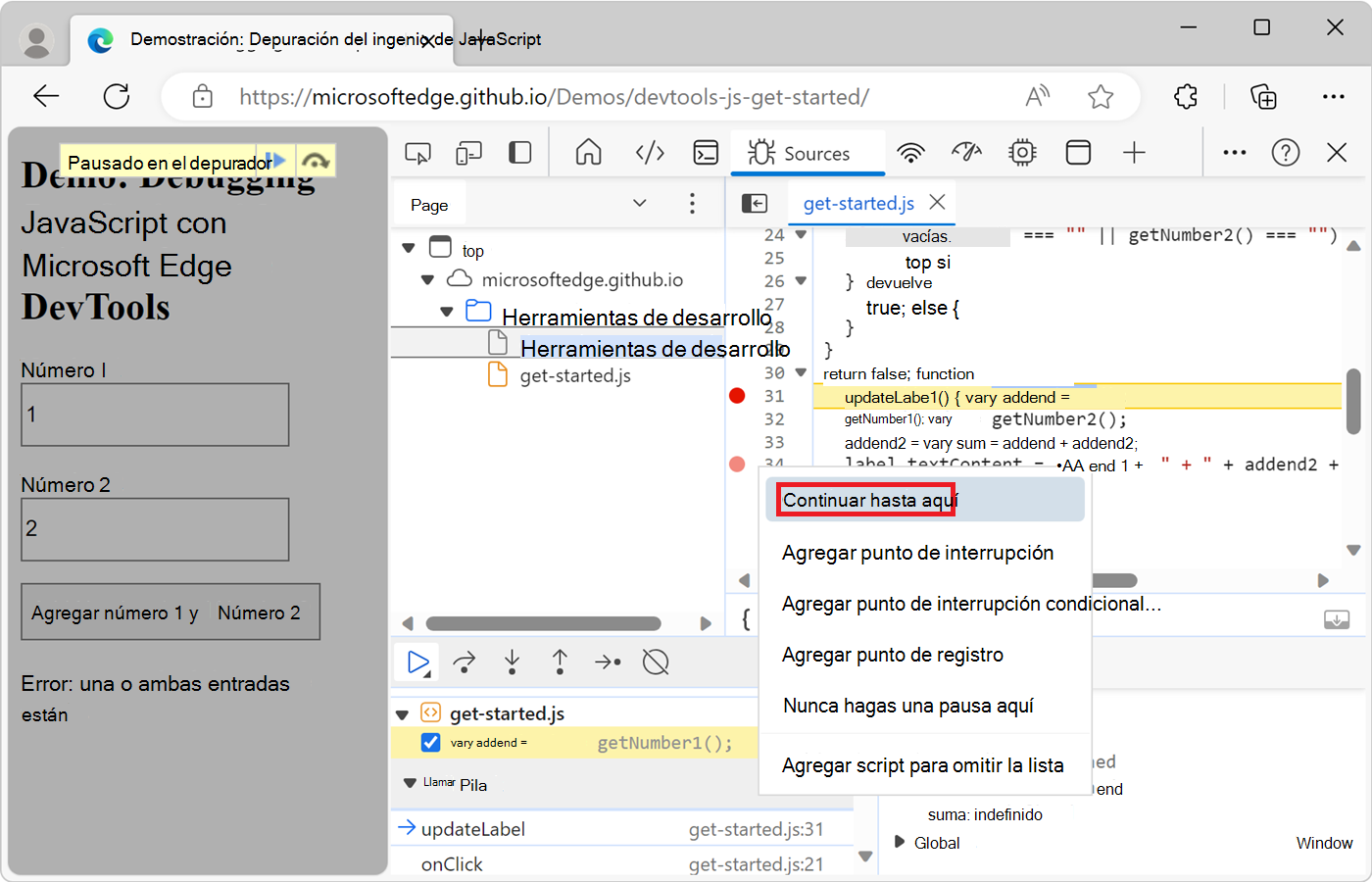 Selección de Continuar hasta aquí