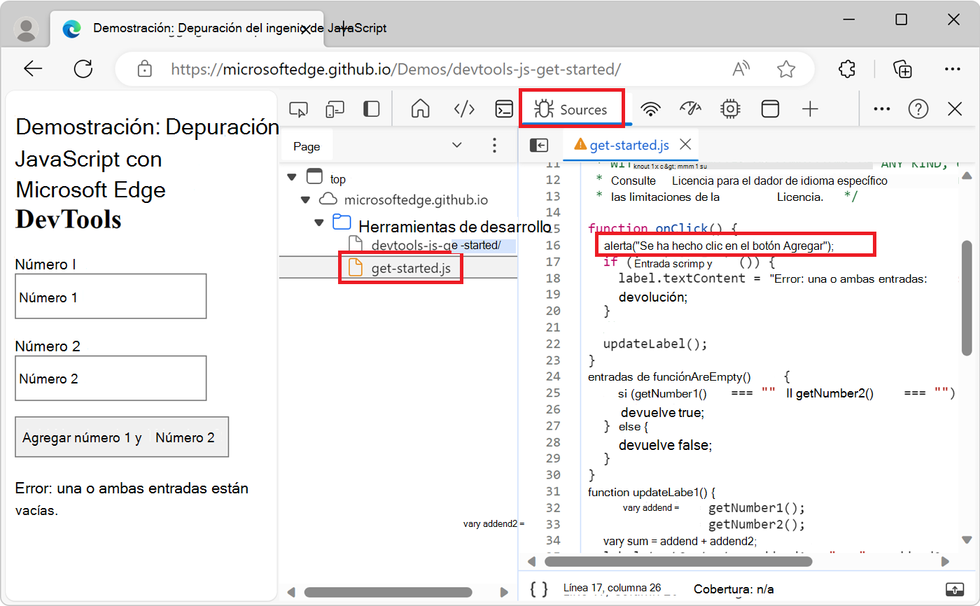 La herramienta Orígenes, que muestra el cambio de código en el archivo get-started.js