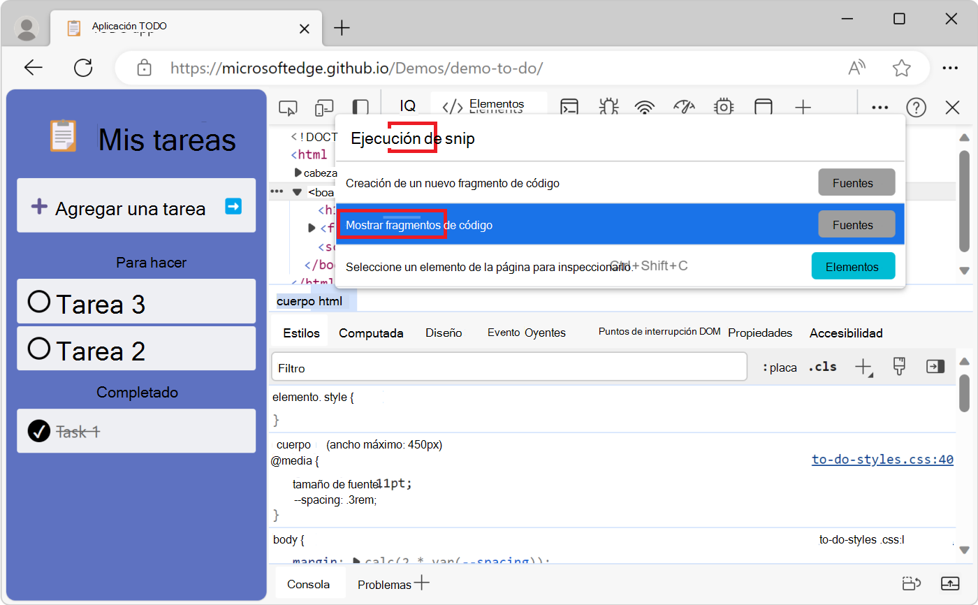 Comando Mostrar fragmentos de código