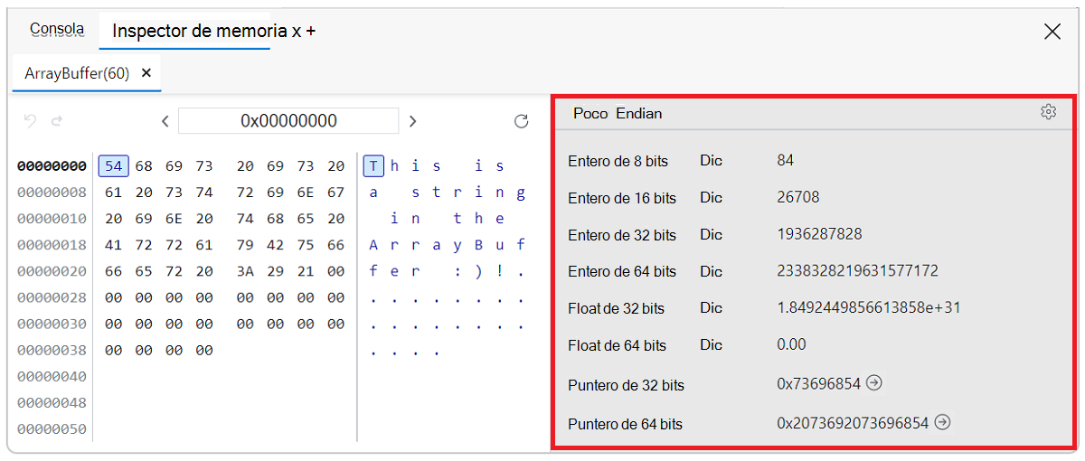 Inspector de memoria del panel Inspector de valor