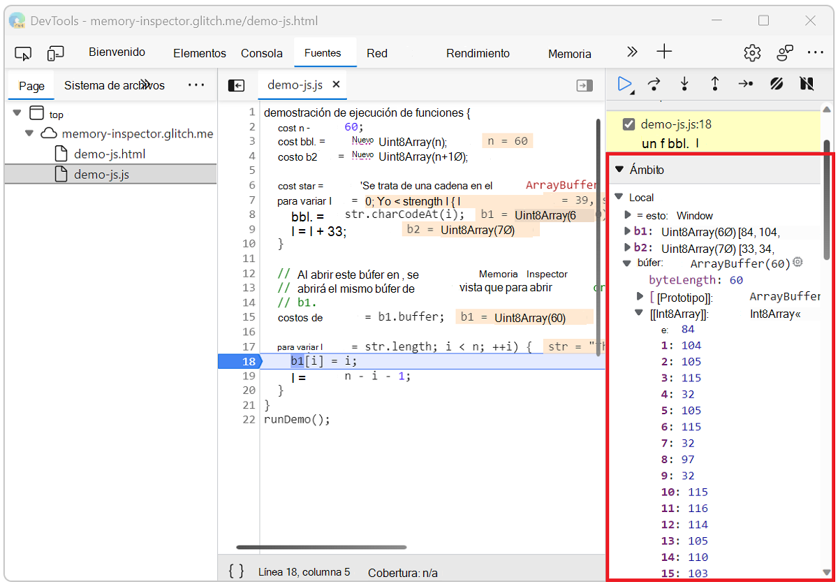 El panel de ámbito de la herramienta Orígenes proporciona una capacidad limitada para inspeccionar la memoria.