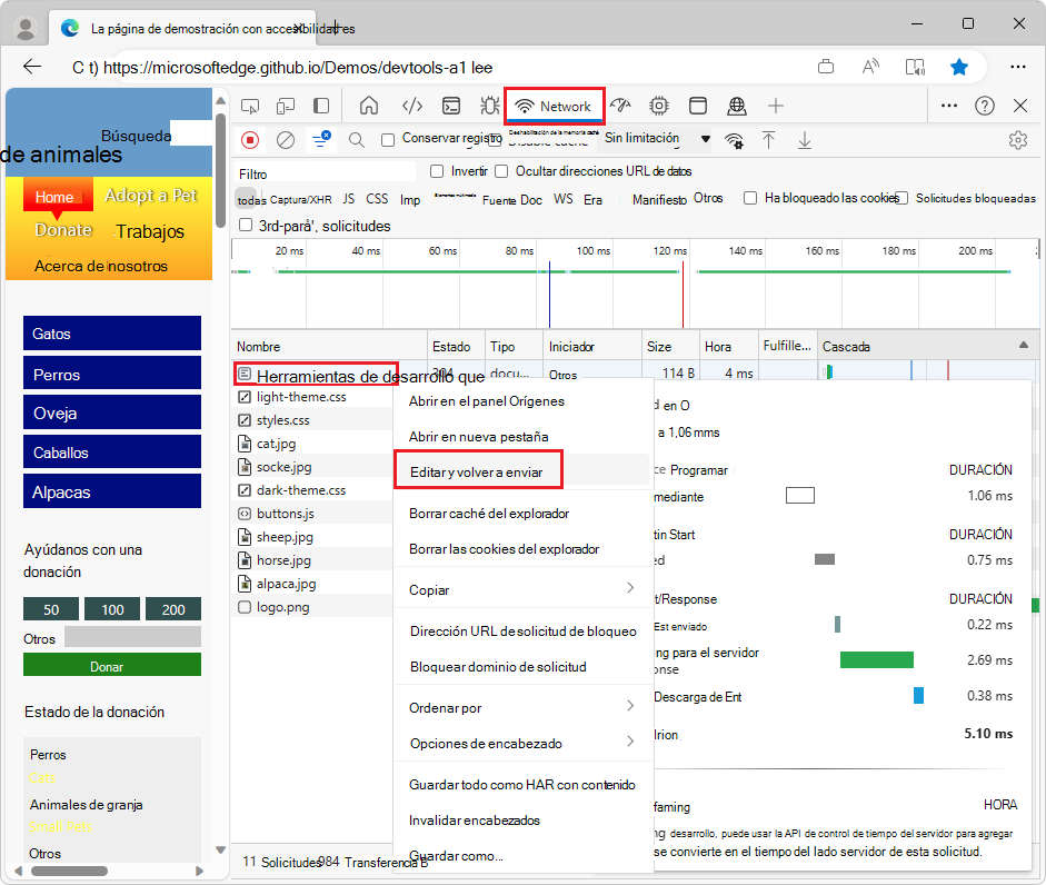 Haga clic con el botón derecho en un recurso de la página web para seleccionar 