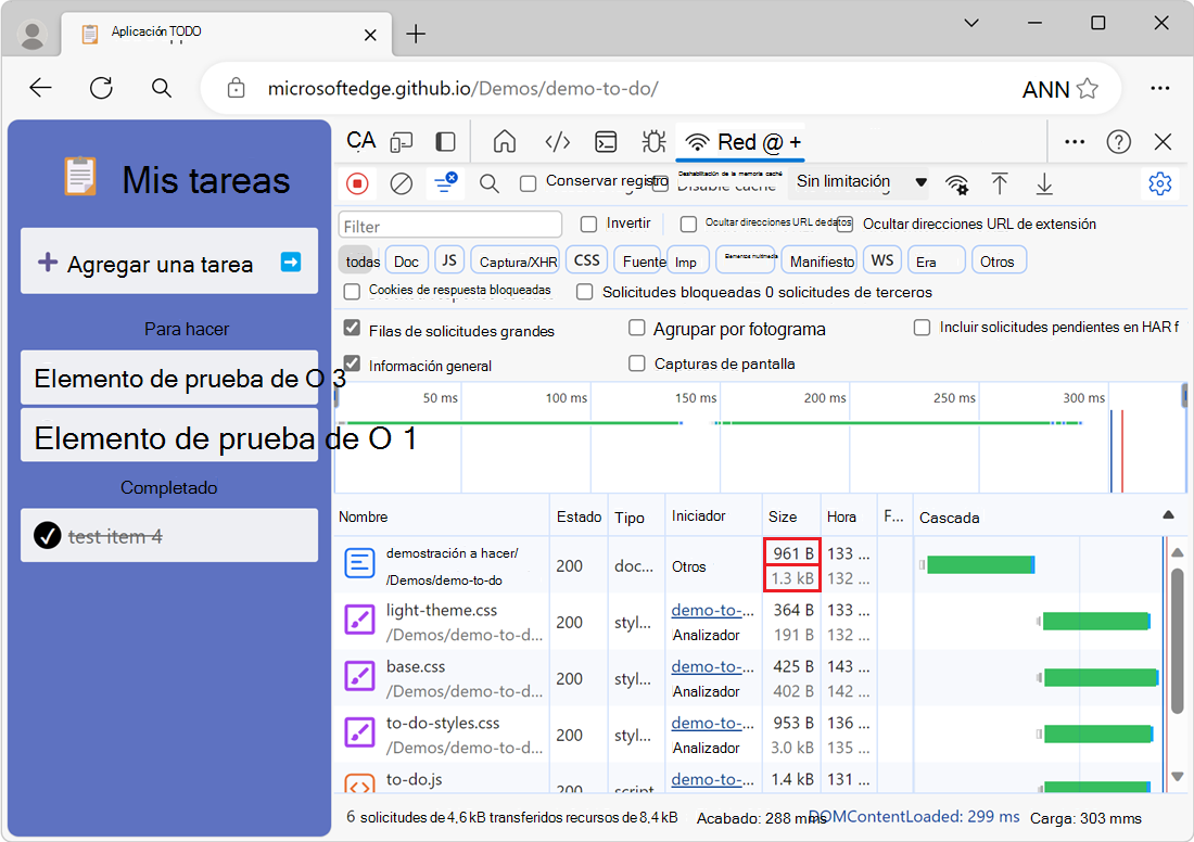 Un ejemplo de recursos sin comprimir