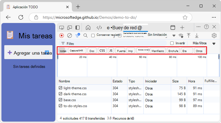 Uso de los filtros de tipo para mostrar los recursos JS, CSS y Document