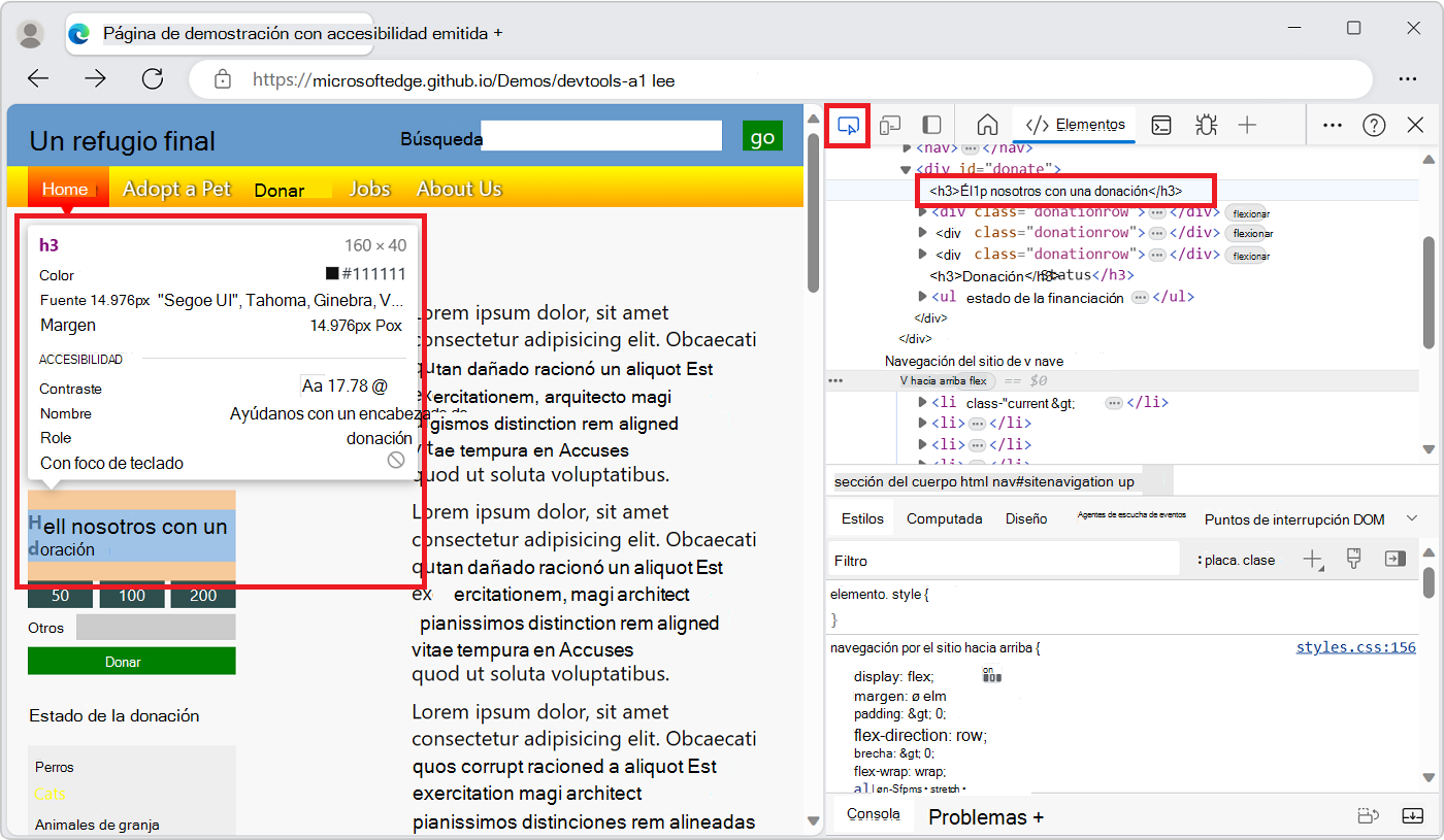 La herramienta Inspeccionar mientras mantiene el puntero sobre el primer título de este artículo