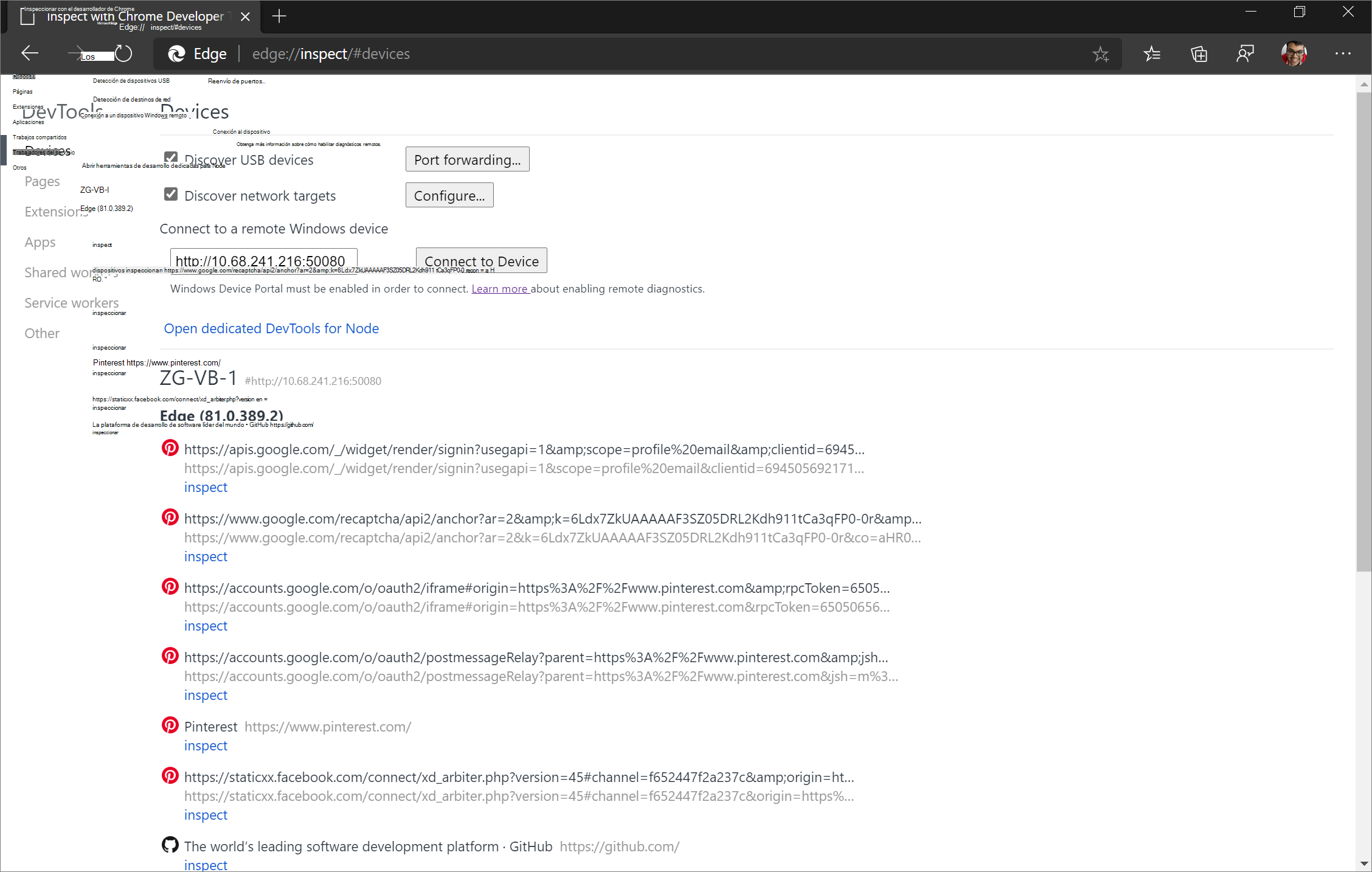 La página edge://inspect del cliente muestra las pestañas de Microsoft Edge y PWA en el host.