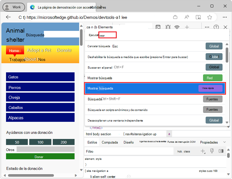Menú Comando con el elemento Mostrar búsqueda seleccionado