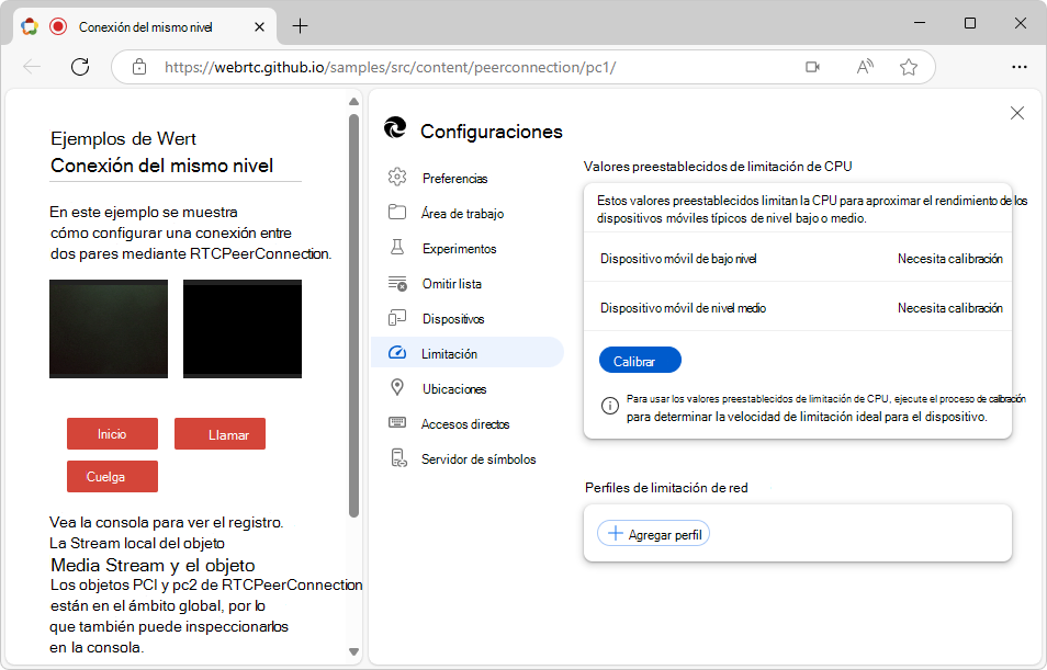 Pestaña Limitación en Configuración de DevTools