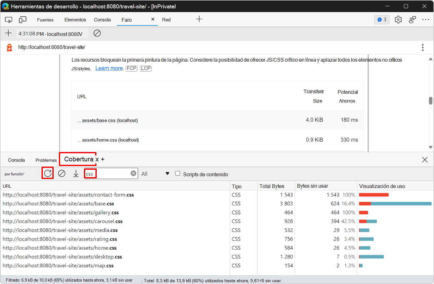 El nuevo informe de cobertura, que muestra ahora los archivos CSS