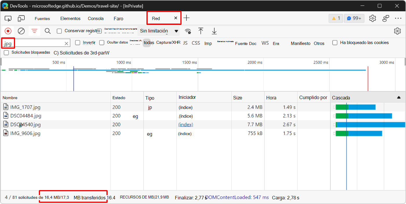 La herramienta Red, que muestra las cuatro solicitudes de imagen, y la cantidad total de datos transferidos