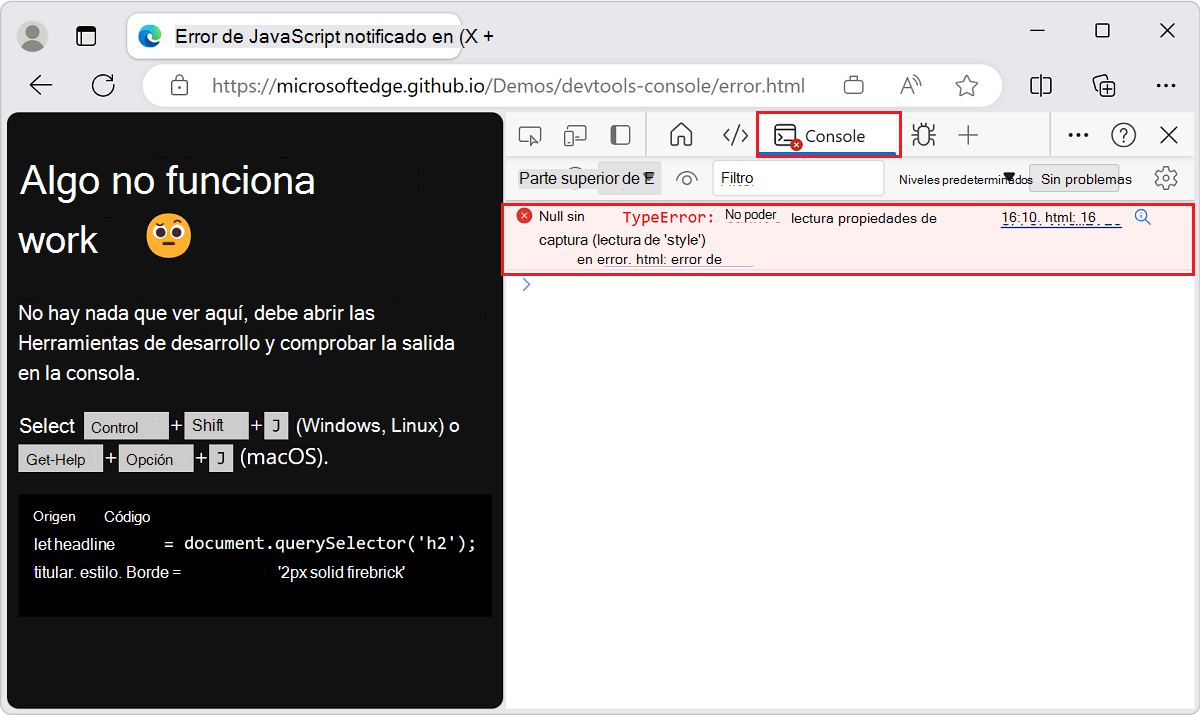 DevTools proporciona información detallada sobre el error en la consola