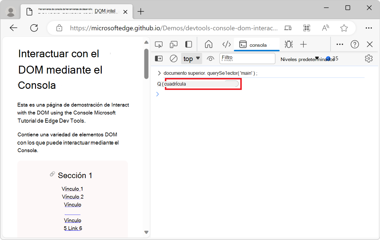 La herramienta Consola de DevTools, que muestra la expresión document.querySelector y el elemento principal resultante