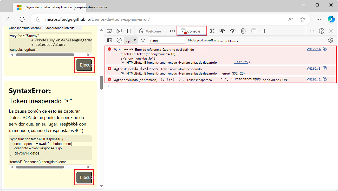 Página web de demostración en Edge, con la consola de DevTools junto a ella, que muestra algunos mensajes de error